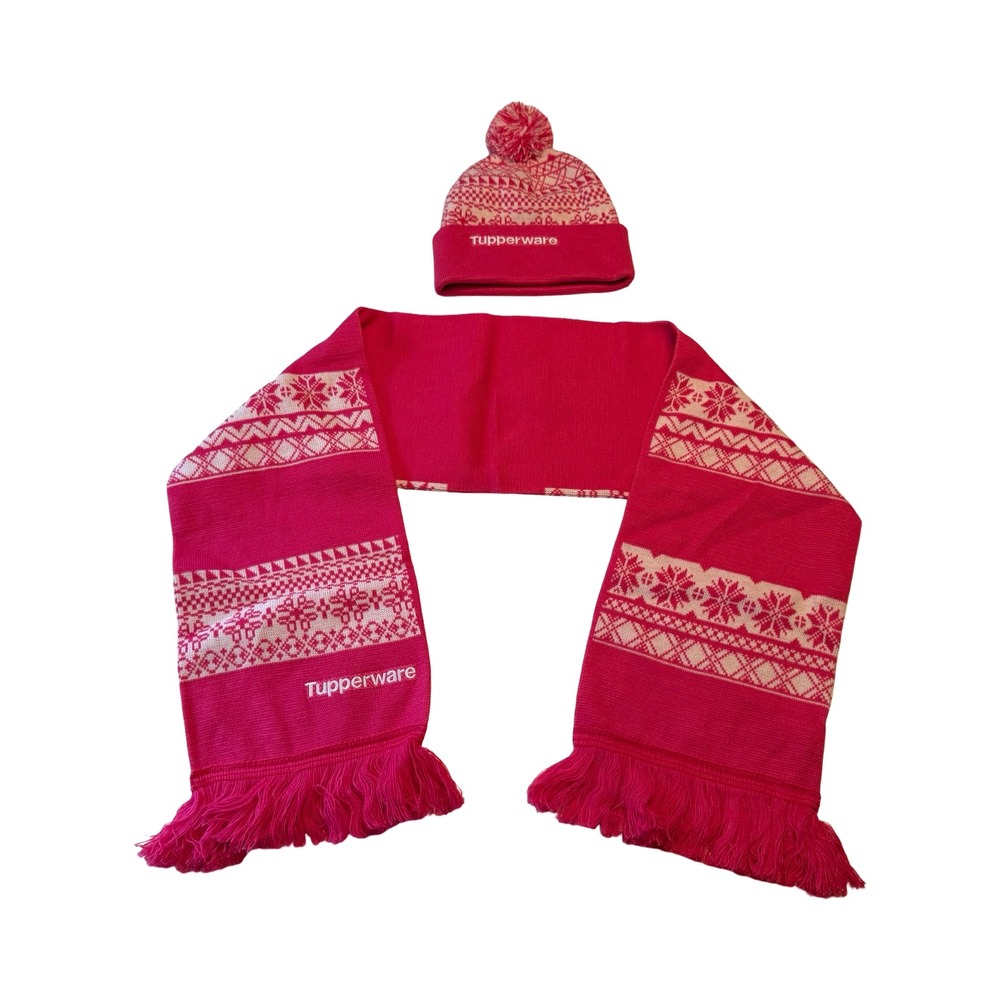 Tupperware Pink Fair Isle Beanie and Scarf Set Nordic Snowflake Winter